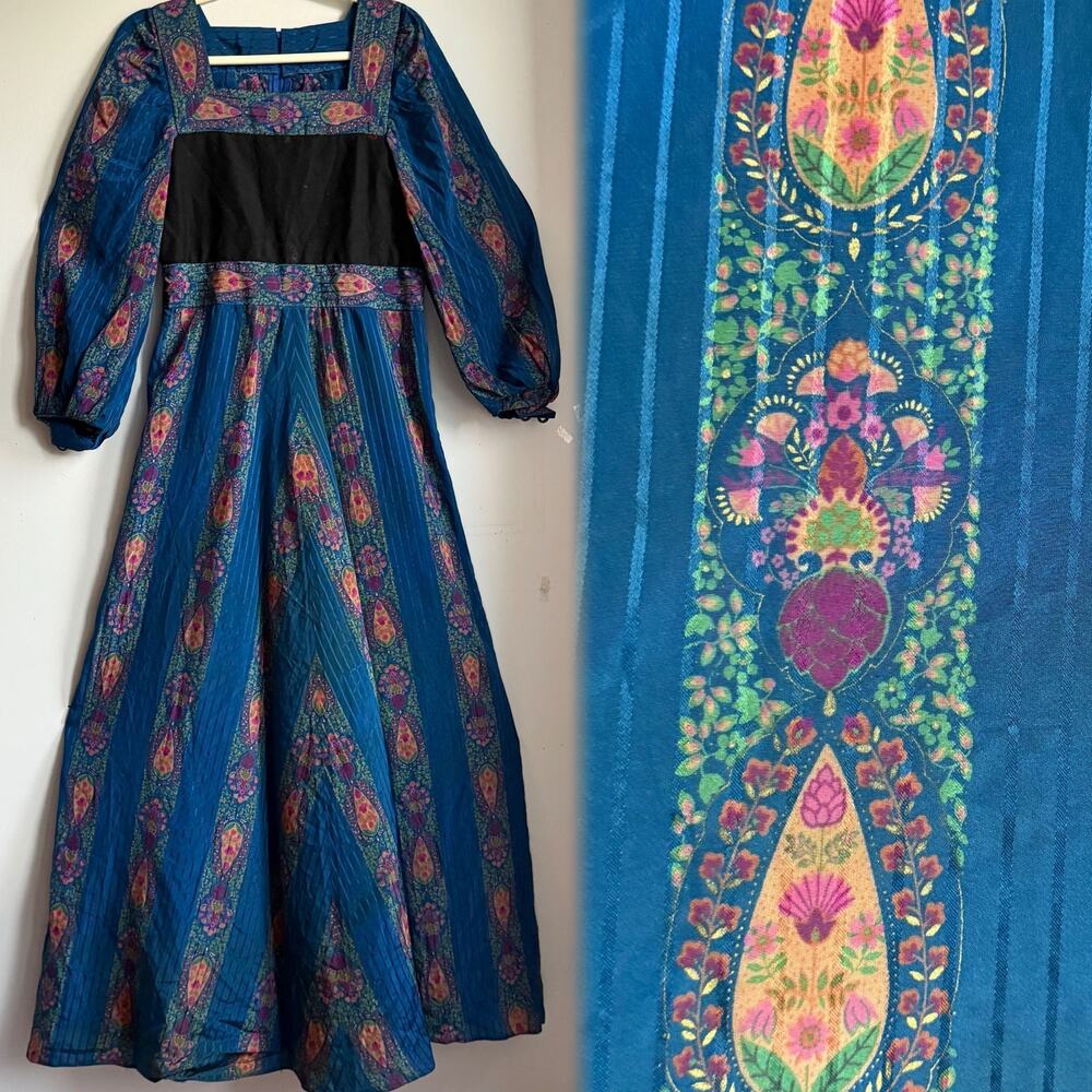 Vintage 70s Modella Itallian Teal Paisley Psychedelic Maxi Dress Small/Medium